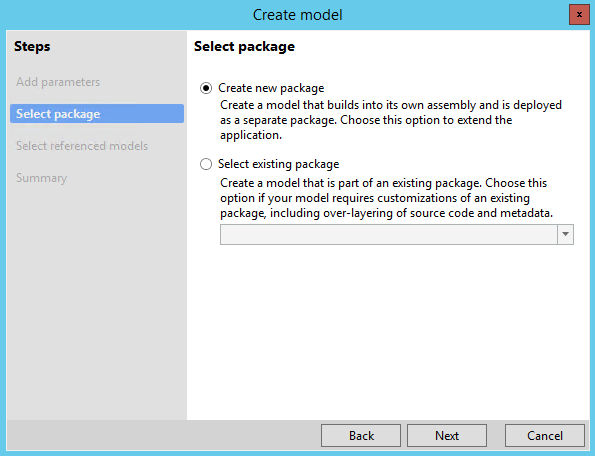 Screenshot of the Create model wizard with Create new package option selected.