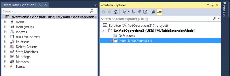 Screenshot of a new table extension created in the selected project.