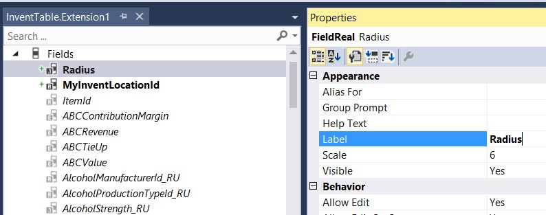 Screenshot of modifying properties of the new field in the designer.