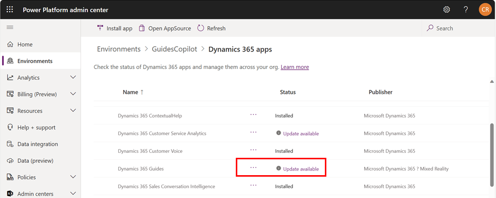 Power Platform-beheercentrum Guides Update beschikbaar.