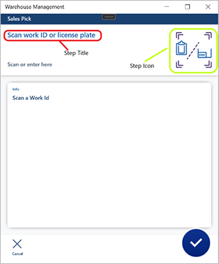 Voorbeeld van een stappictogram en een staptitel in de mobiele app Warehouse Management.