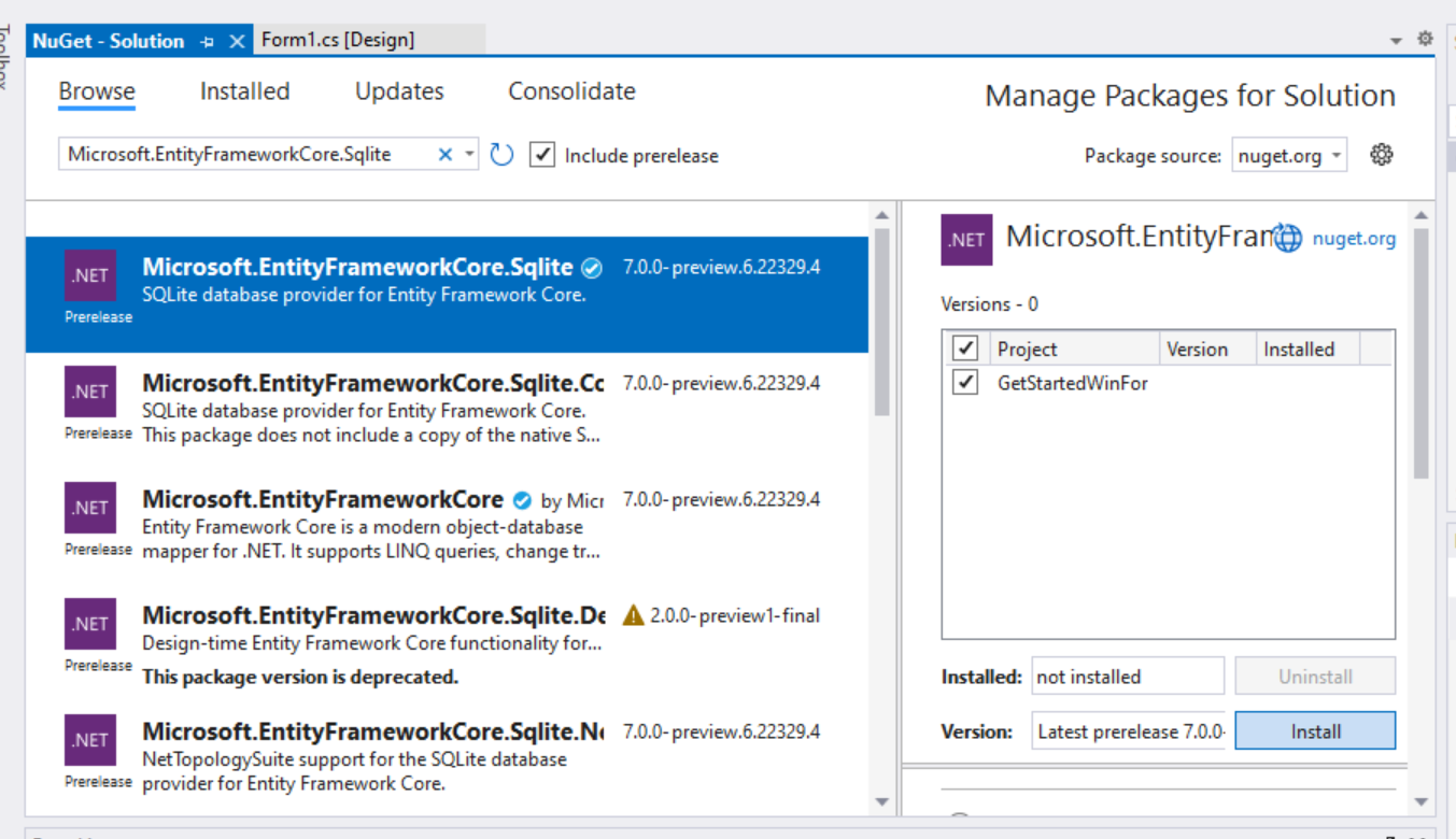 Het Microsoft.EntityFrameworkCore.Sqlite-pakket installeren
