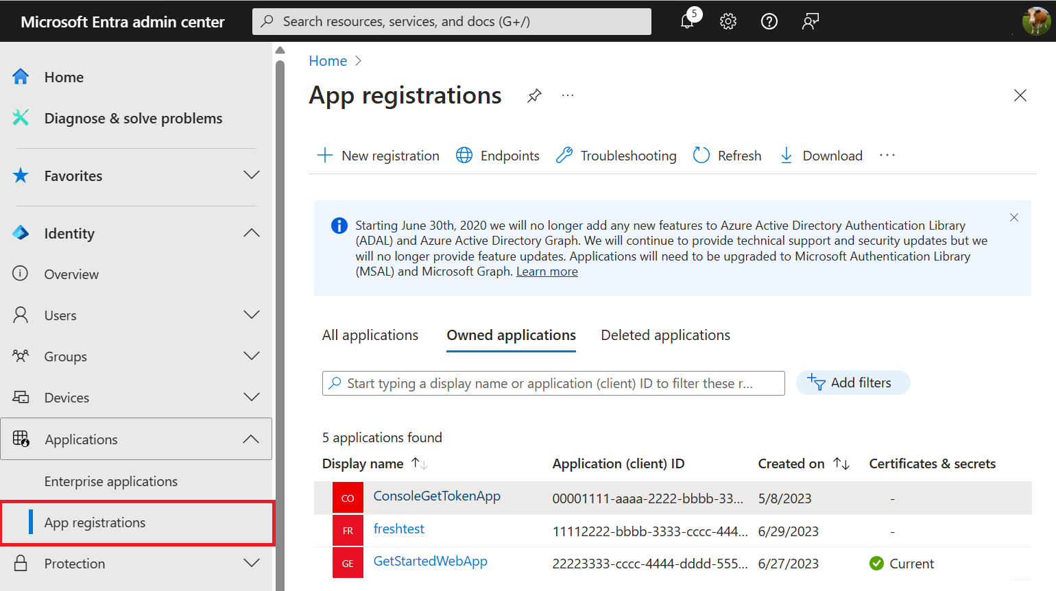 Deelvenster App-registraties