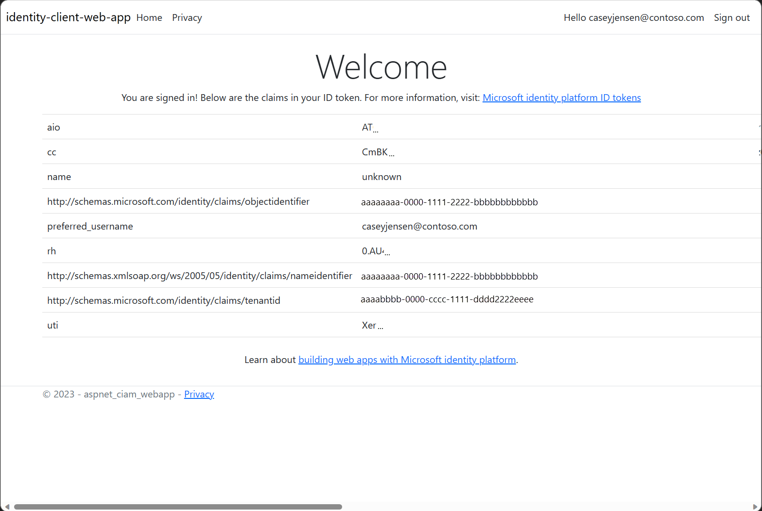Schermopname van aanmelden bij een ASP.NET Core-web-app.