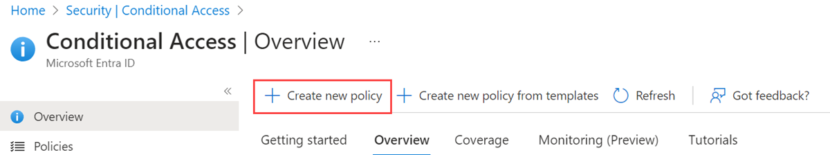 Een schermopname van de pagina Voorwaardelijke toegang, waar u 'Nieuw beleid' en vervolgens 'Nieuw beleid maken' selecteert.