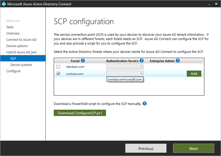 Een schermopname van Microsoft Entra Connect en opties voor SCP-configuratie in een beheerd domein.