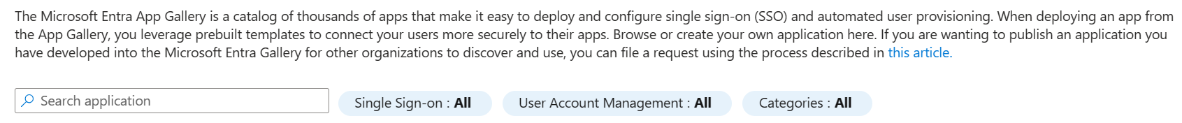 Schermopname van de zoekopties in het deelvenster Galerie met Microsoft Entra-toepassingen in het Microsoft Entra-beheercentrum.