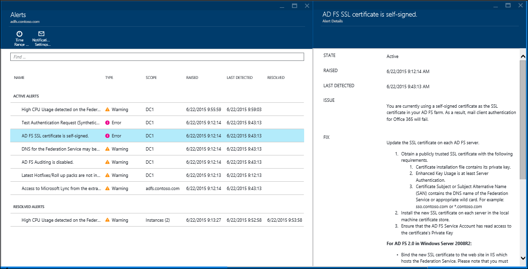 Schermopname van de pagina Microsoft Entra Verbinding maken Health 'Alerts' met een waarschuwing geselecteerd en het venster Waarschuwingsdetails weergegeven.