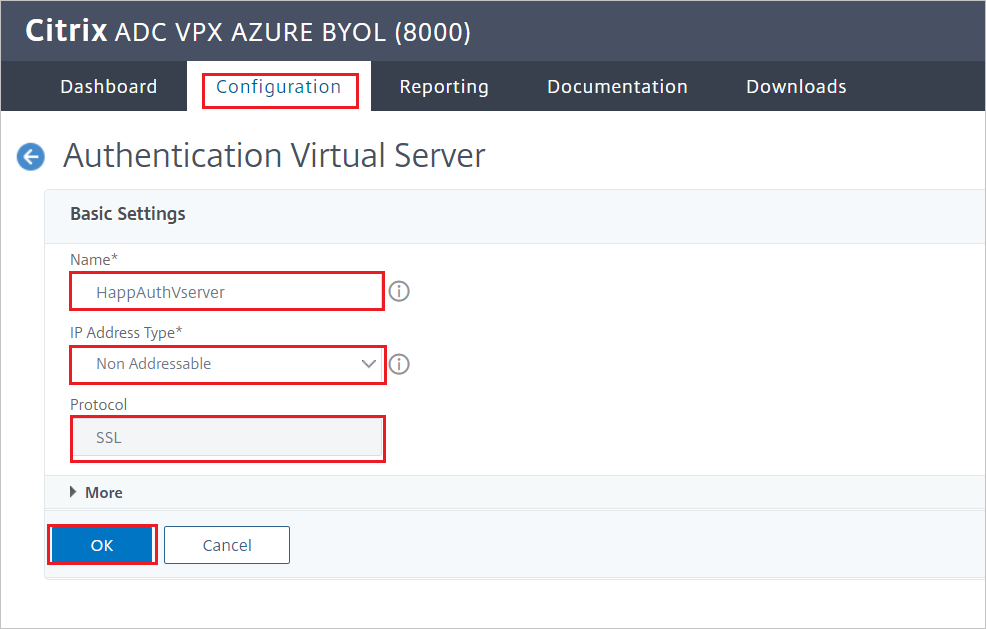 Citrix ADC-configuratie - Deelvenster Virtuele verificatieserver