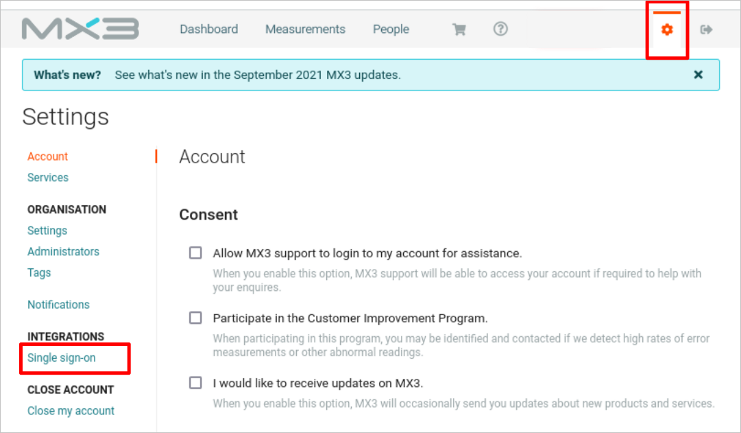 Schermopname van mx3 Diagnostics Verbinding maken or instellingen voor eenmalige aanmelding.