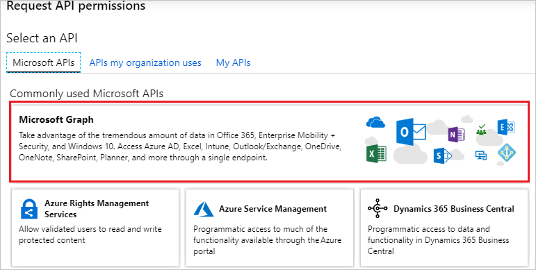 Schermopname van de pagina Ik wil een API-machtiging aanvragen met het tabblad Microsoft API en de tegel Microsoft Graph geselecteerd.