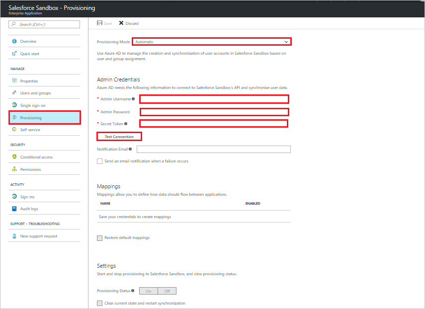 Schermopname met de pagina Inrichten voor Salesforce Sandbox, met de Inrichtingsmodus ingesteld op Automatisch en andere waarden die u kunt instellen.