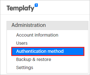 Schermopname van de sectie Templafy-beheer met de optie Verificatiemethode gemarkeerd.