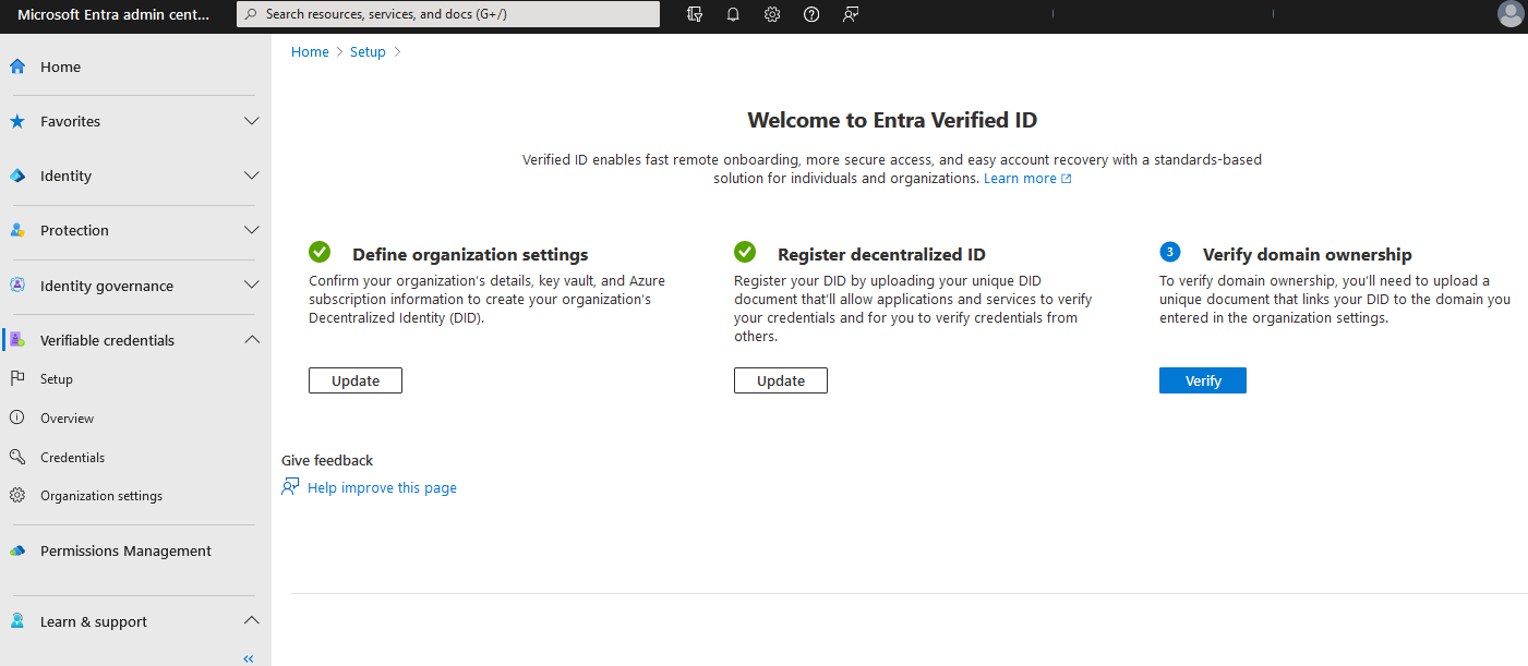 Schermopname van het instellen van Verifiable Credentials stap 2 en 3.