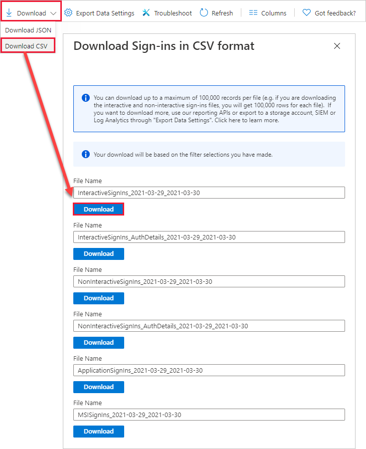 Screenshot of the data export with the Download option highlighted.