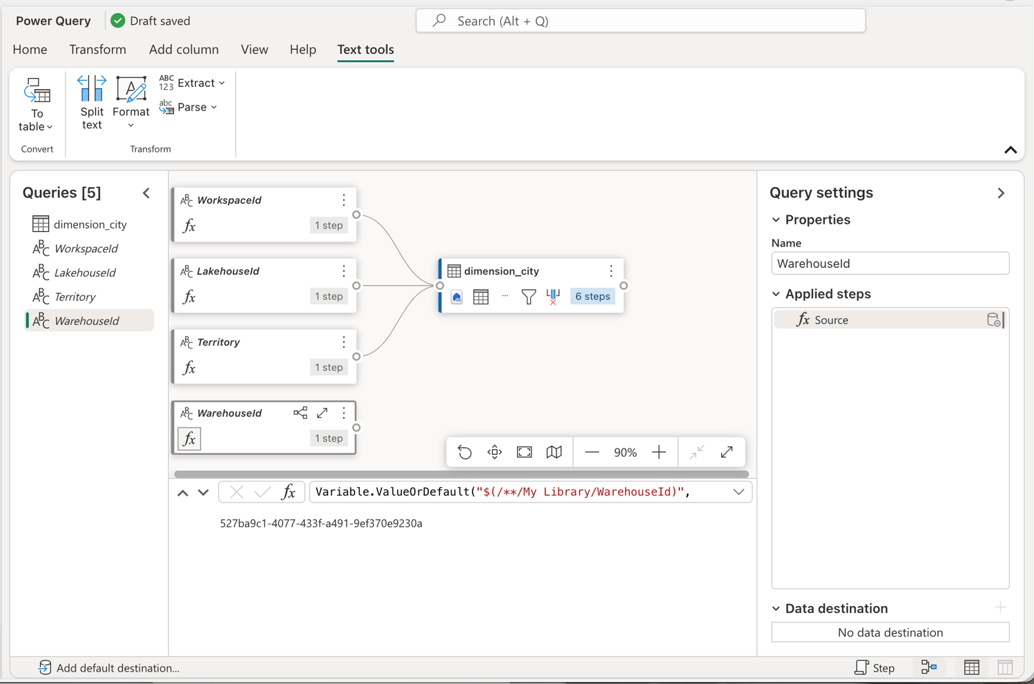 Schermopname van alle query's in de gegevensstroom, inclusief de zojuist gemaakte WarehouseId-query.
