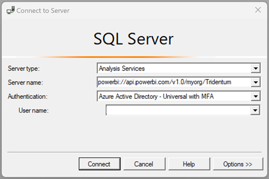 Schermopname van het dialoogvenster Verbinding maken met server in SQL Server Profiler.