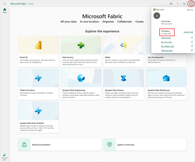 Schermopname van de evaluatiestatus van Microsoft Fabric.