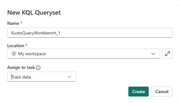 Schermopname van het nieuwe KQL-querysetvenster met naam- en locatievelden gemarkeerd.