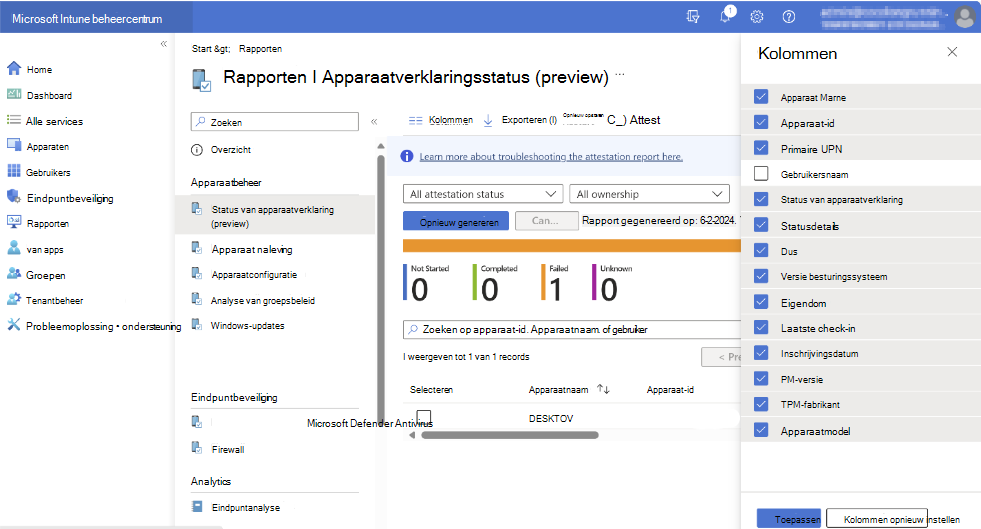 Schermopname van apparaatverklaringsrapport