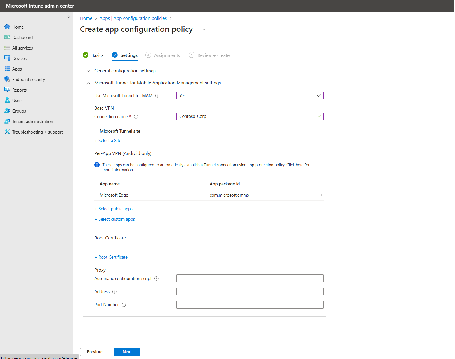 Schermafbeelding van de configuratie per app met Microsoft Edge toegevoegd.