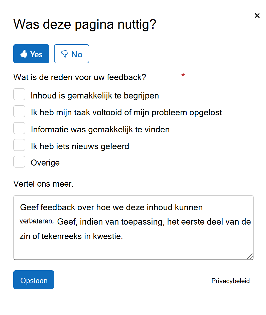 Schermopname van de feedbacksectie van een Microsoft Learn-artikel.