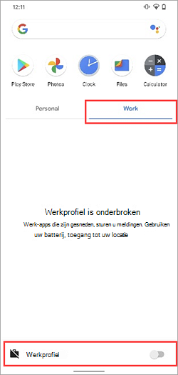 Schermopname van de wisselknop Werkprofiel uitgeschakeld in de app-lade van Samsung Galaxy S20.