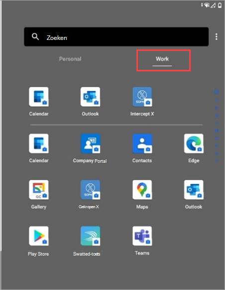 Schermopname van het tabblad Werk in de app-lade van Surface Duo.