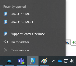 Ondersteuningscentrum OneTrace-snellijst van windows-taakbalk met onlangs geopende lijst.