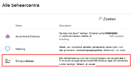 Schermopname van alle beheercentra in het Microsoft 365-beheercentrum.