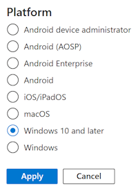 Screenshot that shows the filtered list of filters and all the available platform options in Microsoft Intune.