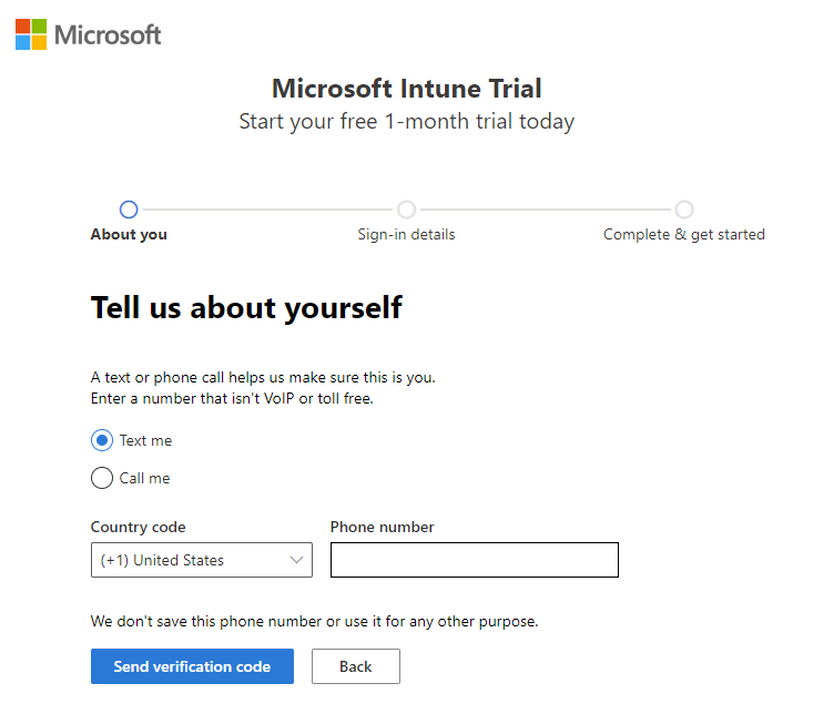 Schermopname van de Microsoft Intune accountpagina instellen - Verificatiecode verzenden