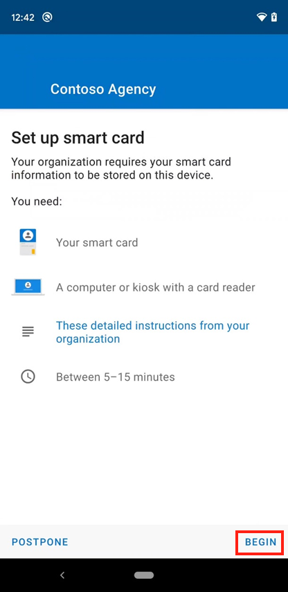 Voorbeeldschermopname van het Bedrijfsportal toegangsscherm voor mobiele smartcards instellen.