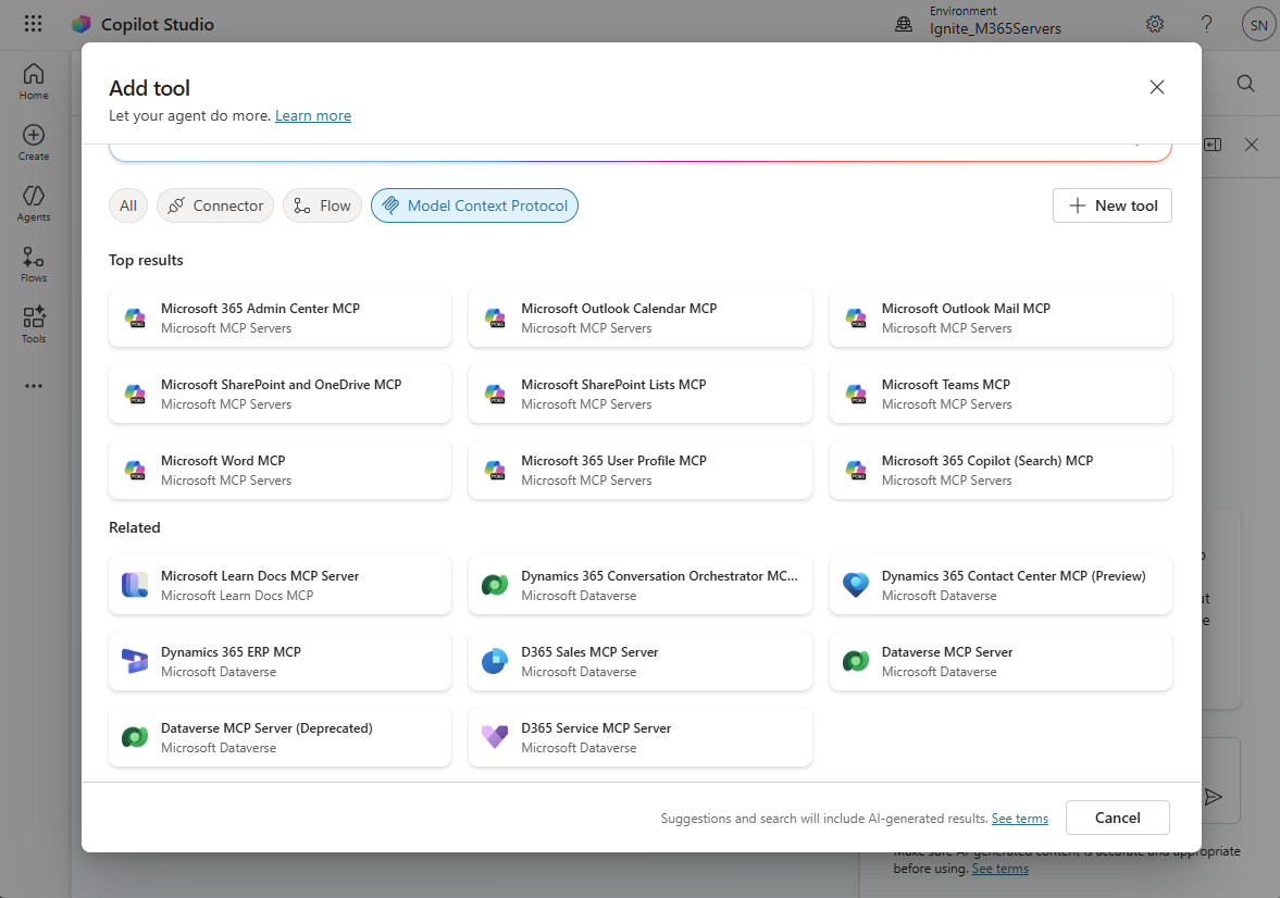 Schermopname van de Copilot Studio-interface met vooraf gecertificeerde MCP-servers voor ontwikkeling met weinig code.