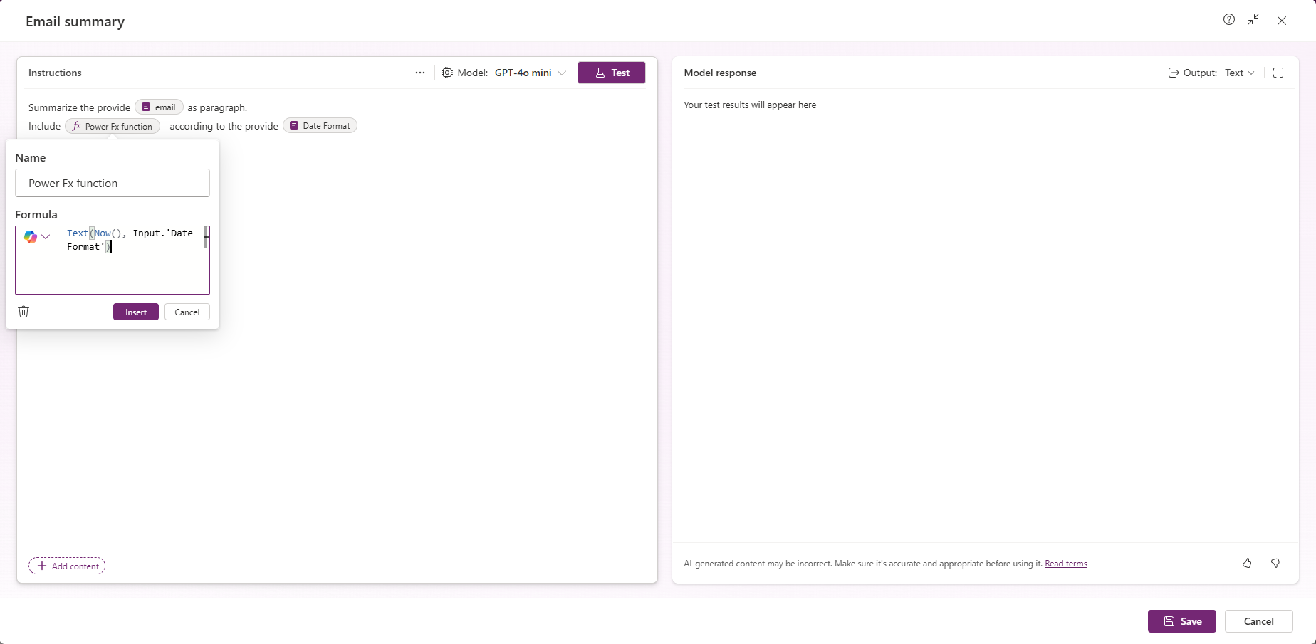 Schermopnae van het gebruik van Power Fx-formules in een prompt.