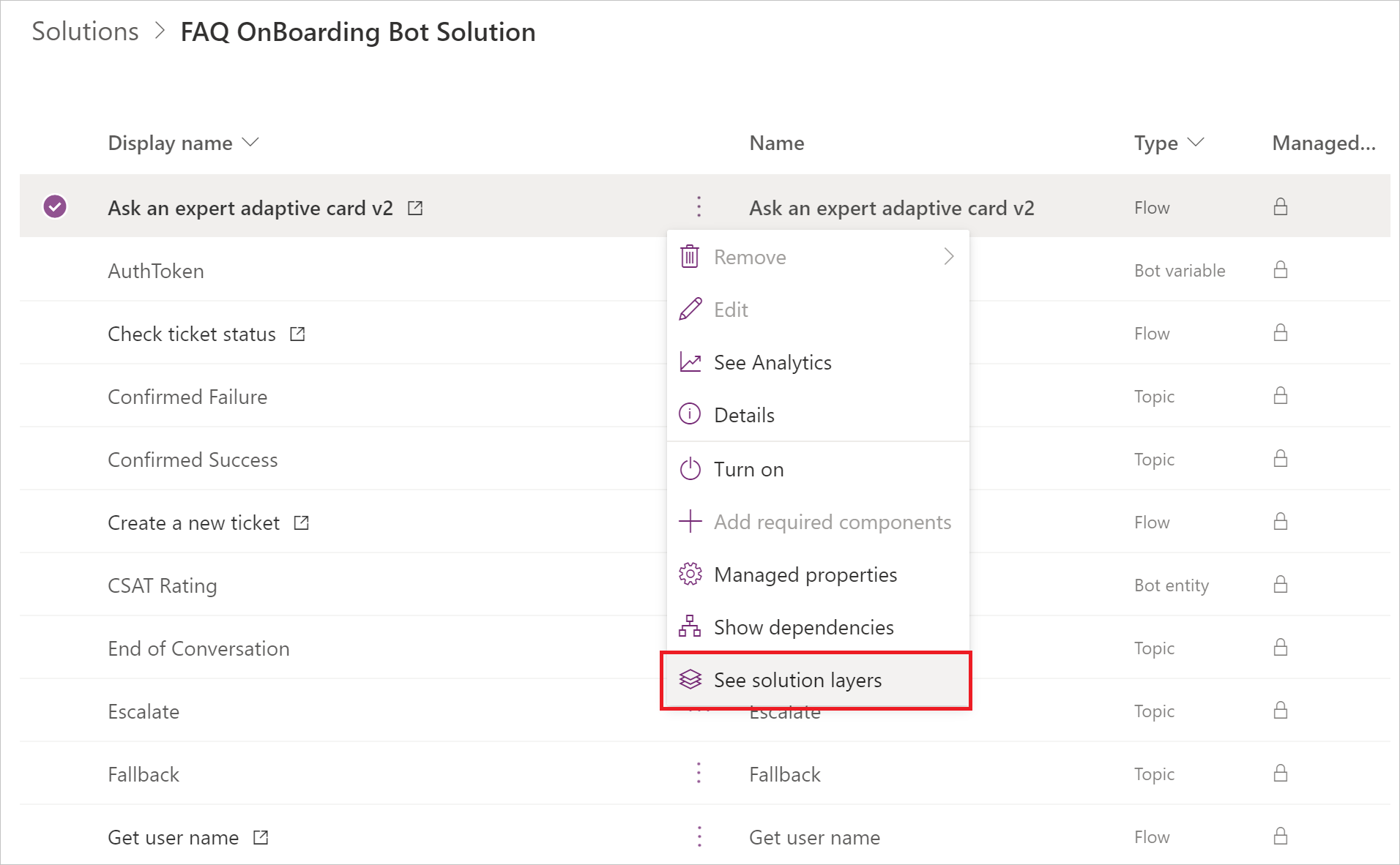 Schermopname van de optie Oplossingslagen weergeven onder het menu Opdrachten in Power Apps.