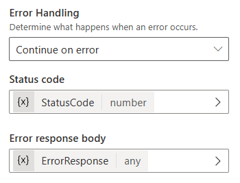 Schermopname van de foutafhandeling die is geconfigureerd om door te gaan bij een fout, met variabelen die zijn opgegeven voor de statuscode en de hoofdtekst van de foutreactie.