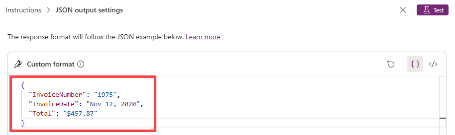 Schermopname van een aangepaste JSON-indeling.