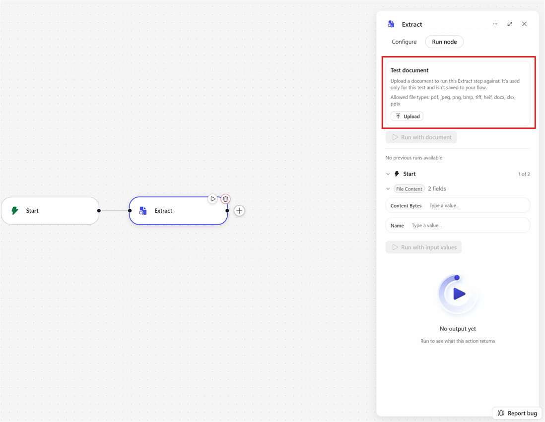 Screenshot van het Run-nodepaneel van de Extract-node, met het uploadgedeelte voor testdocumenten gemarkeerd.