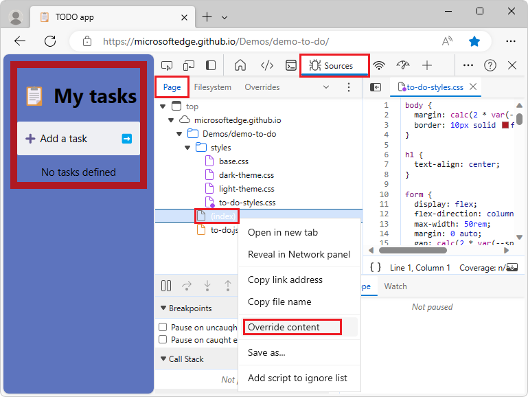 Selecting a file from the Sources tool for overrides