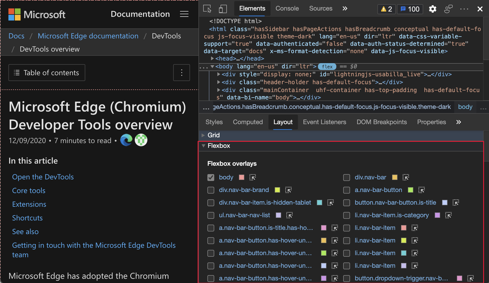 The Flexbox overlays highlighted in the Layout pane