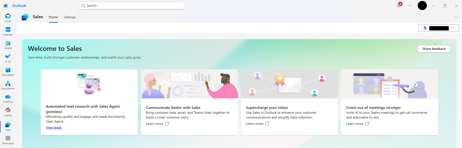 Schermafbeelding met persoonlijke app in Outlook.
