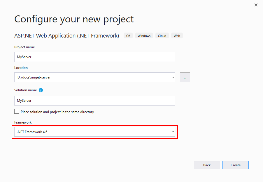 Het doelframework voor een nieuw project instellen