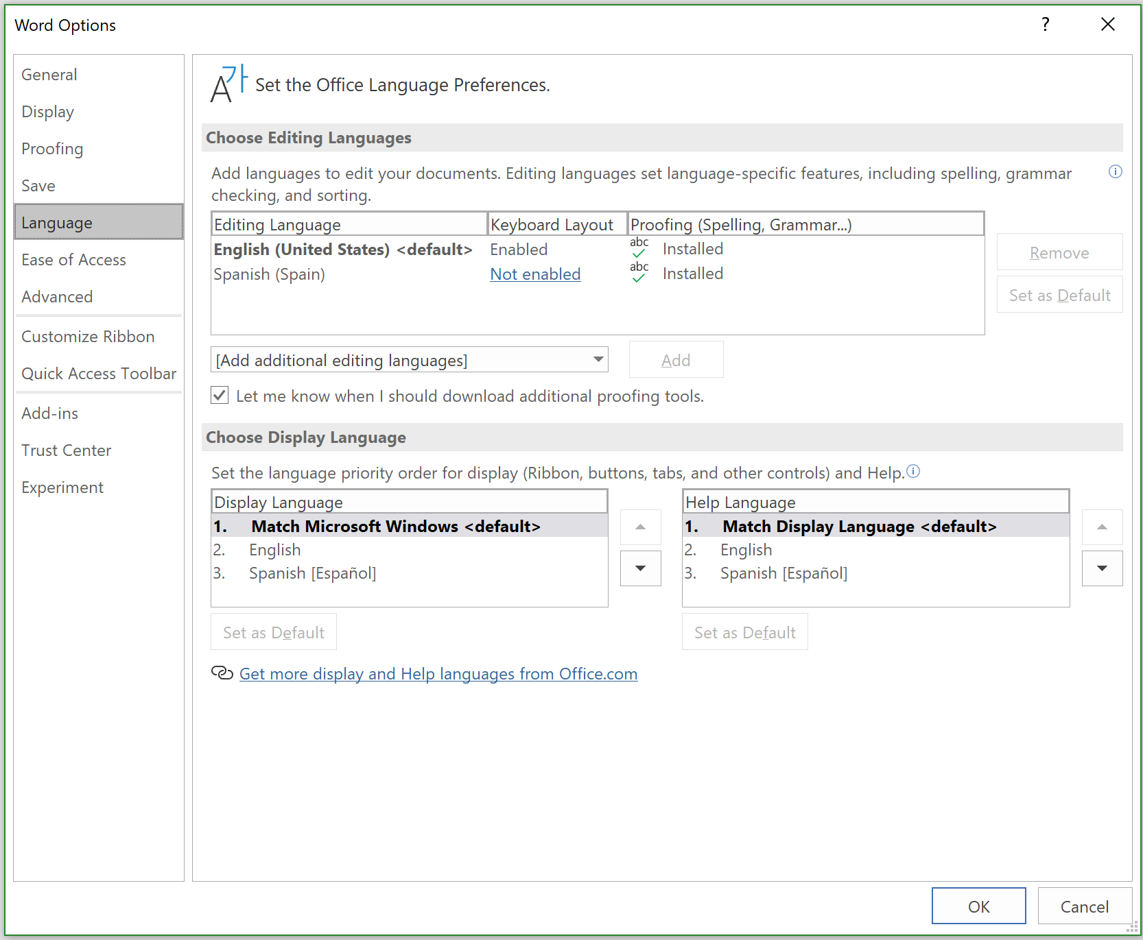 The Word Options dialog showing the Language tab.