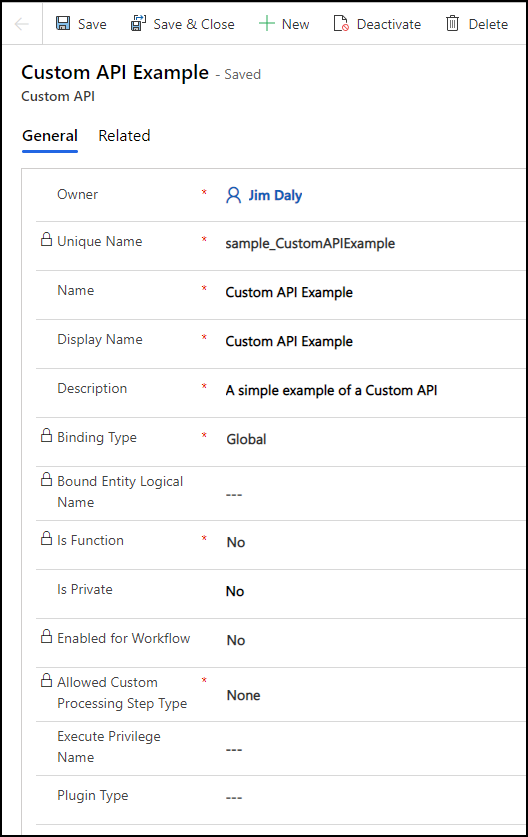 Schermopname van het opgeslagen aangepaste API-formulier met de geconfigureerde eigenschappen.