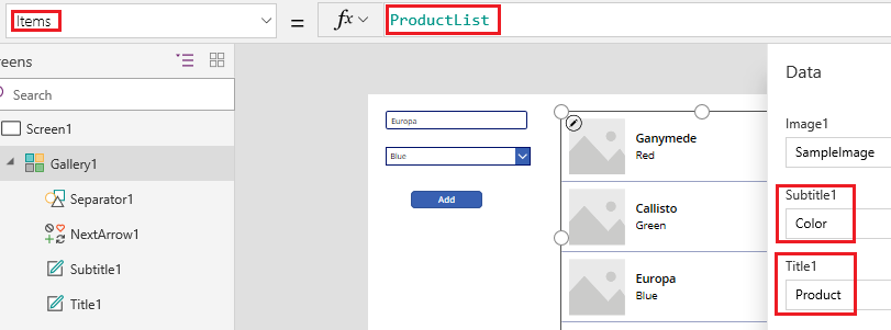 Stel de eigenschap Items van de galerie in en wijzig de velden die worden weergegeven.