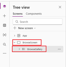 Schermopname van de hernoemde BrowseScreen en BrowseGallery in de boomweergave.