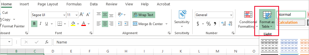 Schermopname met de optie Opmaken als tabel gemarkeerd in Excel.