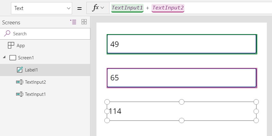 De som van twee getallen berekenen in Power Apps.