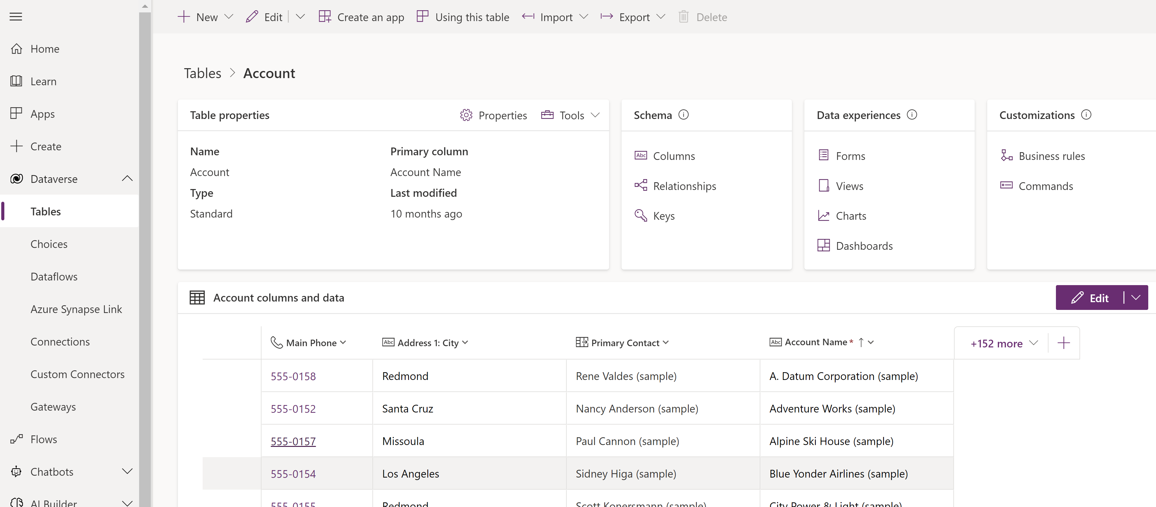 Dataverse-accounttabel in Power Apps.